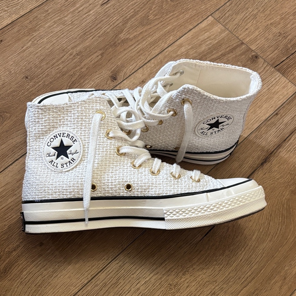 Converse White High-Top Sneakers with Black Stripe & Gold Eyelets